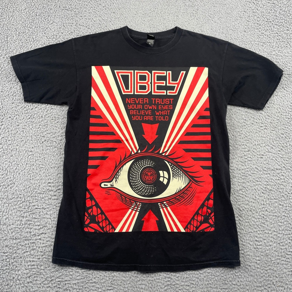 Obey Black T-Shirt with Red and Cream Graphic Eye Print